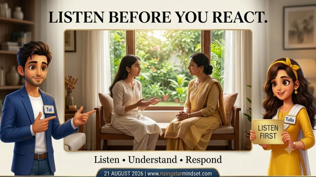 Indian mother and daughter having a calm conversation with Tul and Tullu about listening and understanding Generation Gap