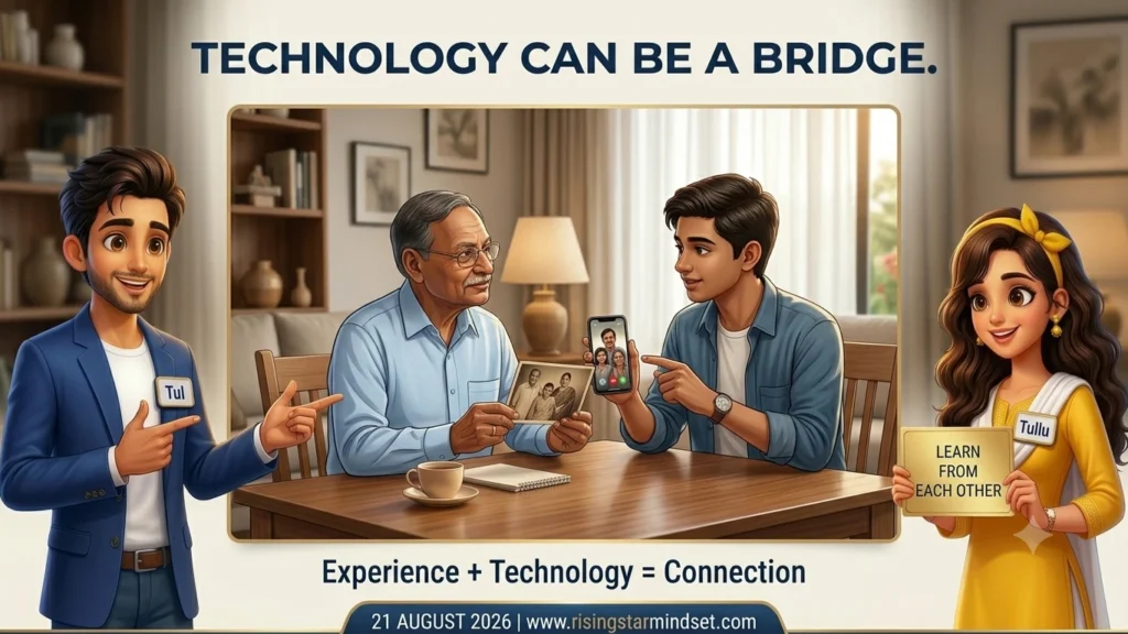 Grandfather learning smartphone technology from grandson with Tul and Tullu Generation Gap