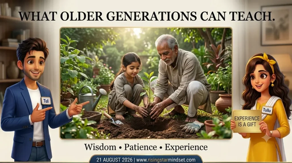 Older generation sharing experience with younger generation while planting a tree with Tul and Tullu Generation Gap